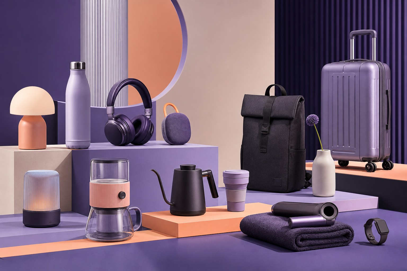 Curated unbranded home, travel, audio, and personal technology products in a geometric studio